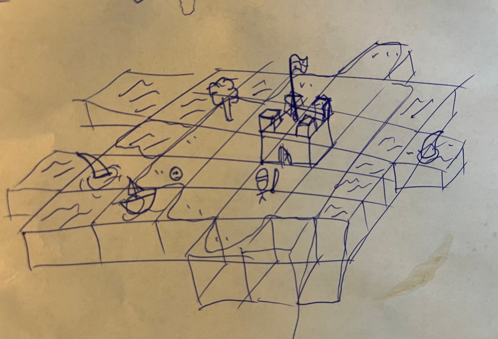 isometric island surrounded by sea, there are trees and a castles, a hero stands guard.